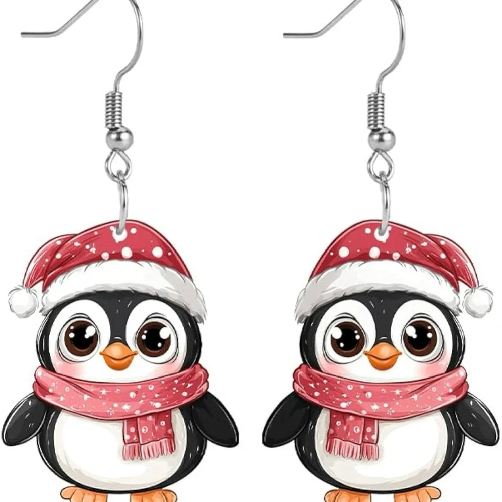 Cute Christmas Penguin Santa Hat Scarf Flat Acrylic Dangle Drop Earrings NWOT